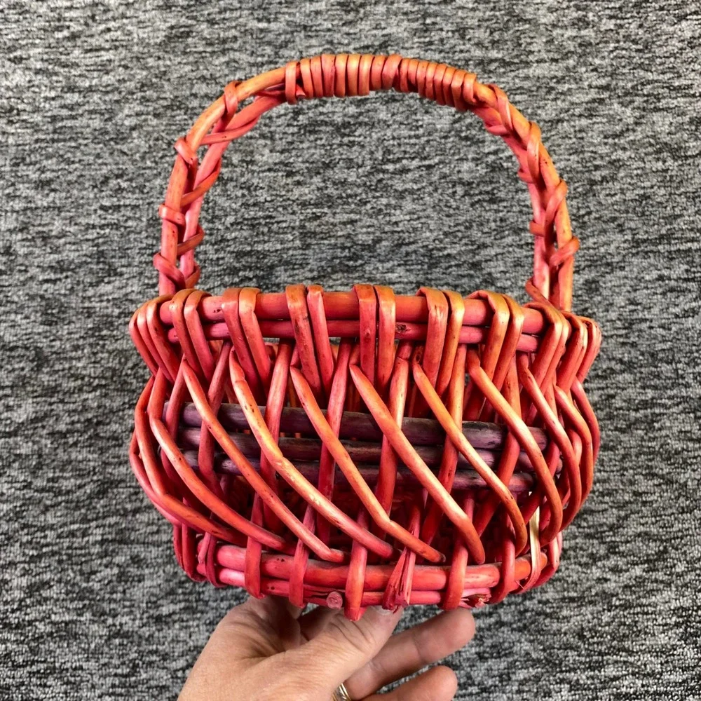 Vintage Red Woven Wicker Gathering Basket 11 Inch Handled Rustic Farmhouse Decor